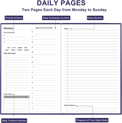 Daily & Monthly Planner for 2025 2026 or Anytime - ADHD Planner Two Pages Per Day, Daily Planner Undated to Increase Focus, Eliminate Overwhelm, Achieve Your Biggest Goals, 5.8'' × 8.3'', Purple