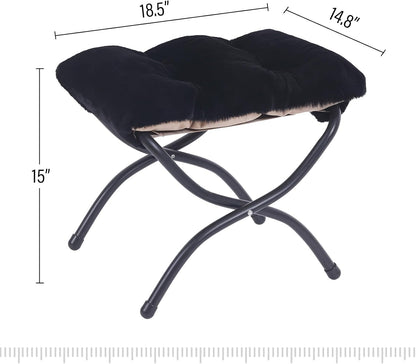 LITA Folding Upholstered Footrest Stool, Modern Small Portable Accent Ottoman with Detachable Thick Cotton Cushion Padded Sofa Stool with Metal Frame for Lazy Chair, Living Room & Bedroom, Plush Black
