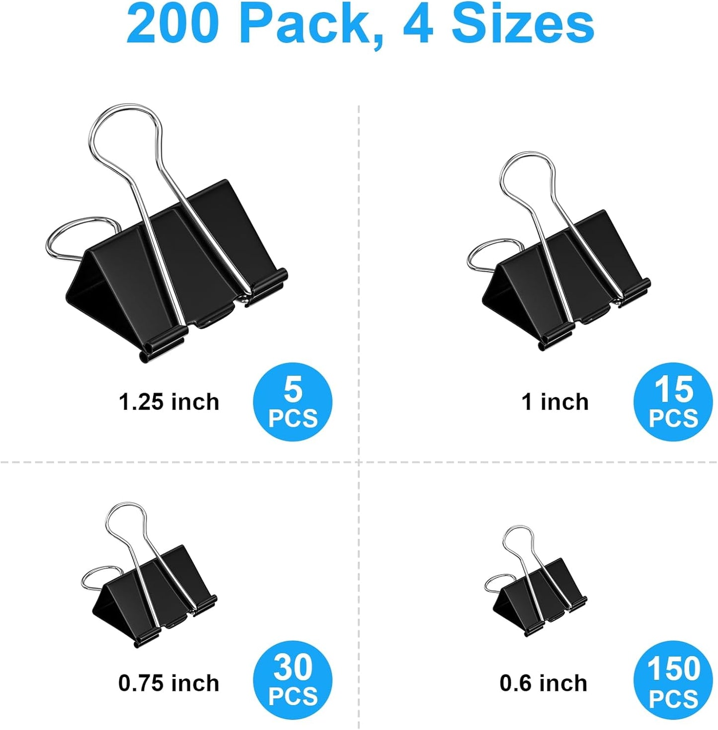 200 Count Binder Clips Assorted Sizes, 4 Sizes Large, Medium, Small, Mini, Metal Paper Clamps, Bulk Black Clips Office Supplies (1 1/4", 1", 3/4", 1/2 Inch) KKEETUR