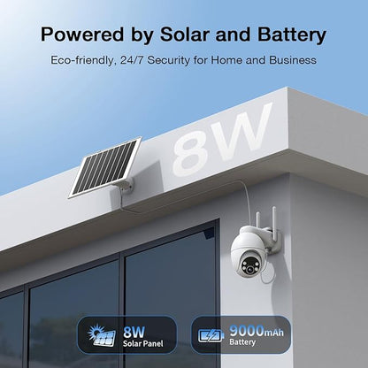 Solar Camera Outdoor Wireless, 2K Color Night Vision, Always-on-Video Security Camera Wireless Outdoor, Smart 24/7 Recording, Auto-Tracking, 2.4GHz Wi-Fi, IP65, Alexa