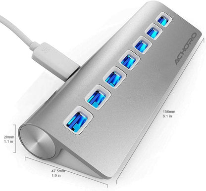 Achoro 7 Ports USB 3.0 Hub - Triangle Aluminum Alloy - High-Speed USB Port Expander - Compatible with PC, iMac, MacBook, Windows, Desktop, and More – Computer Multiple USB HUB (Silver)