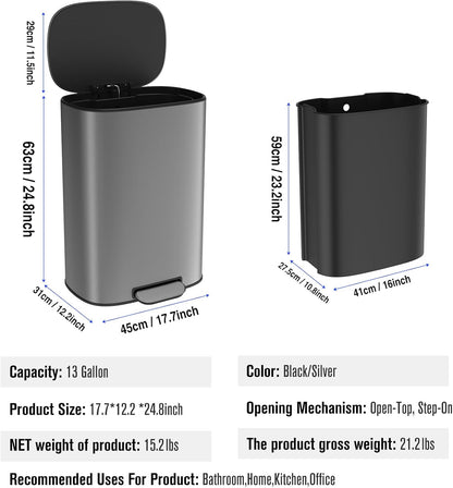 13 Gallon Stainless Steel Foot Pedal Large Trash Can with Soft Close Quiet Lid, Stainless Steel Thickened Body Oval Garbage Can with 30 Garbage Bags for Kitchen/Home/Office and More - Silver Gray