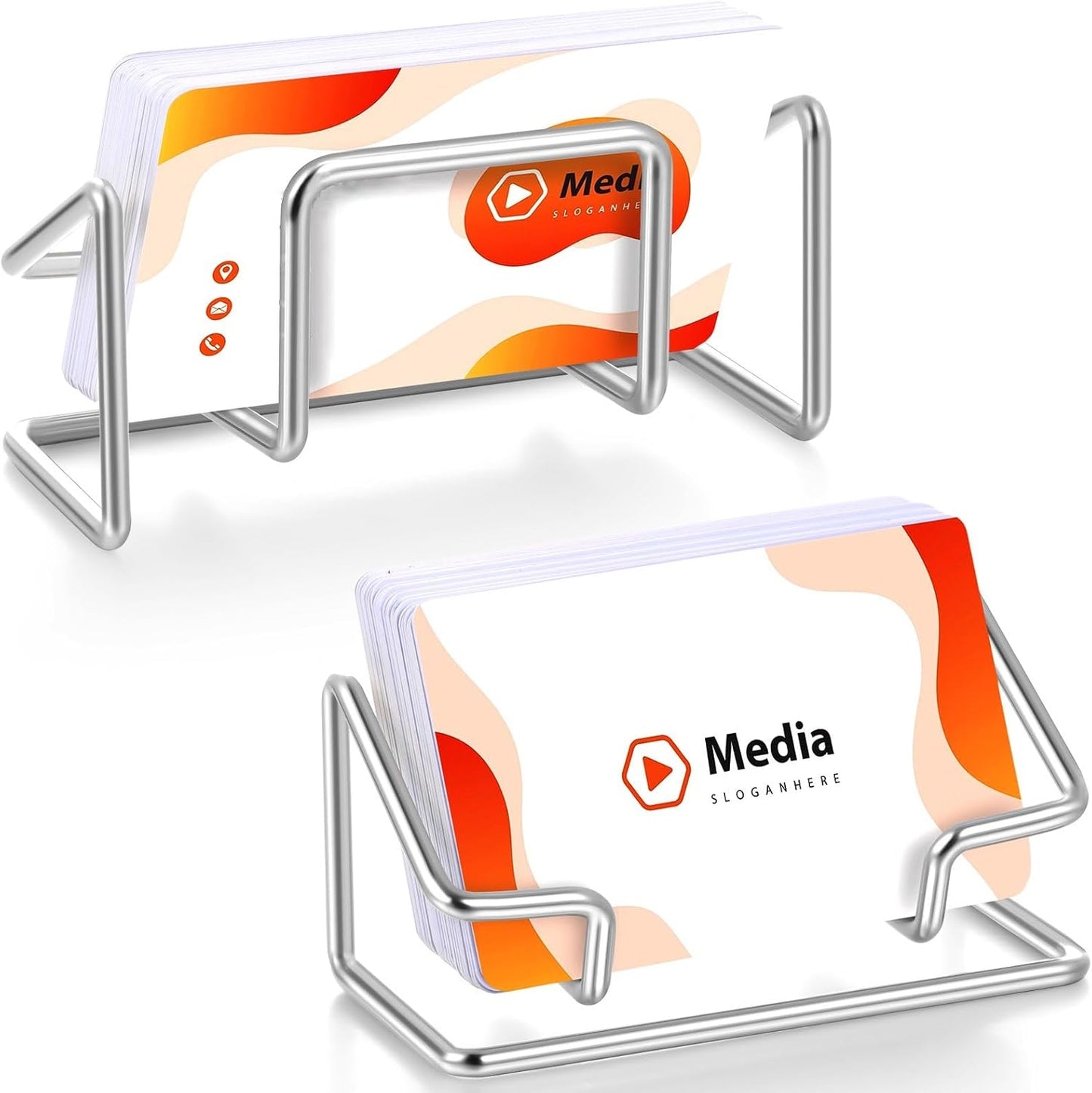 Landhoow 2 Pcs Business Card Holder for Desk, Cute Metal Card Organizers Display Stand Postcard Holder Rack for Desktop Working Office Home Daily Use (Silver)