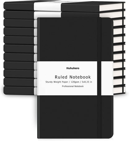 Huhuhero Notebooks Journal, Ruled Notebook, Premium Thick Paper Lined Journal, Black Hardcover Notebook for Office Home School Business Writing Note Taking Journaling, 5"×8.25" (12, Black)