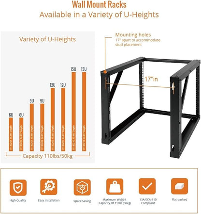 Tecmojo 9U Wall Mount Rack, Wall Mount Network Rack 24.8in Depth, Open Frame Server Rack for 19in IT/AV/Data/Home Equipment, Black