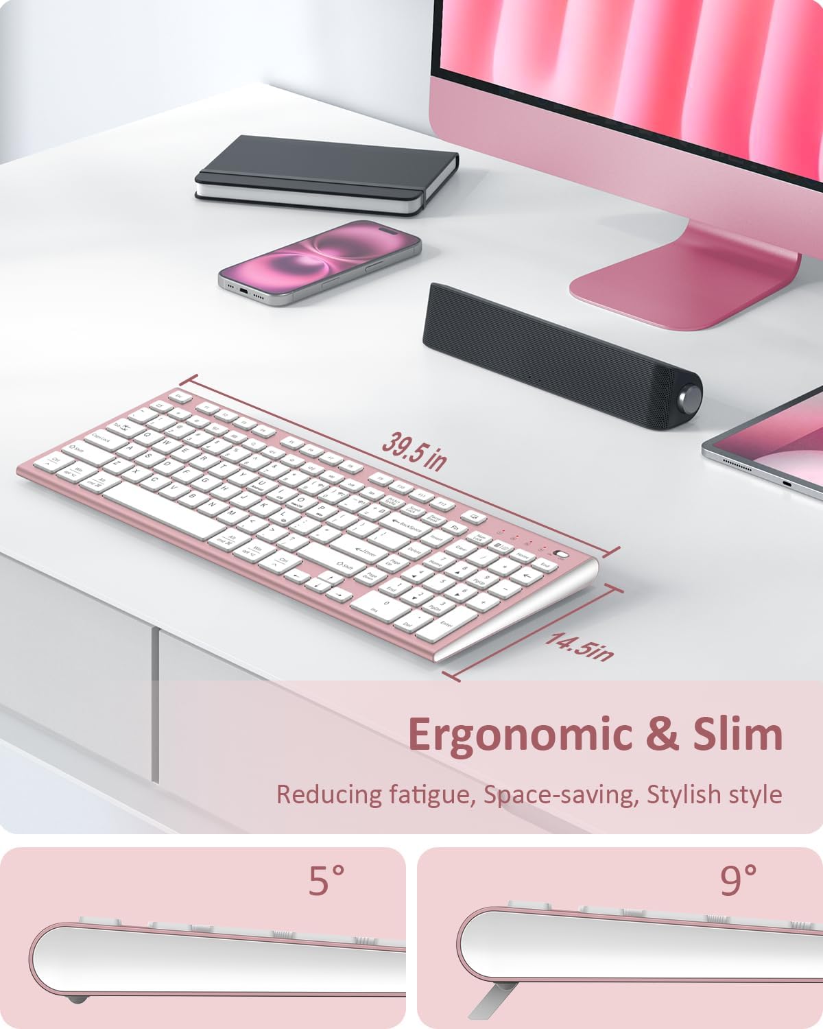 FENIFOX Wireless Keyboard, Bluetooth + USB Ergonomic Silent Quiet Rechargeable with Number Pad Cute Compact Full Size Multi Device Keyboards for iPad Tablet Mac Computer Surface PC MacBook Laptop Pink