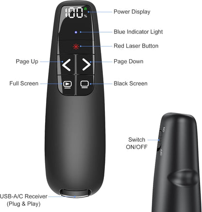 Rechargeable Presentation Clicker with Case, Power Digital Display Wireless Presenter Remote, USB C Red Light Pointer Computer PowerPoint PPT Clickers for Mac Laptop, Slideshow Google Slide Advancer