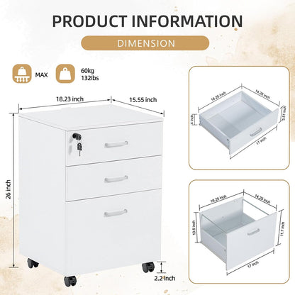QDSSDECO 3 Drawer Mobile File Cabinet, Rolling Vertical Filing Cabinet fits A4, Legal Paper and Letter Paper for Home Office, White with Lock