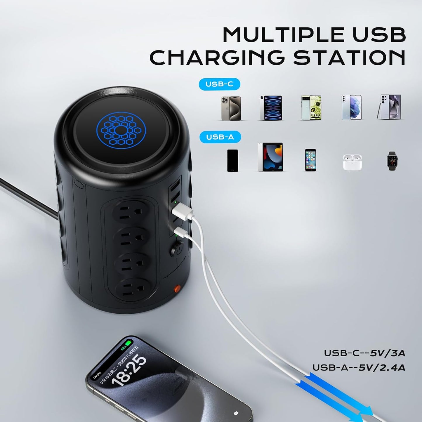 Heavy Duty Power Strip Tower with 16 Outlets and 5 USB Ports (2 USB-C), TenTrend 1500J Surge Protector with Multiple Outlets, 6 FT Extention Cord for Home Office Desk, Dorm Room Essentials Black
