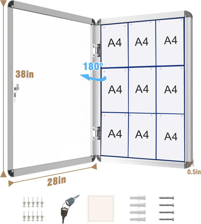 38"x28" Enclosed Bulletin Board, Lockable Weather-Resistant Aluminum Cork Noticeboard for School & Office, Silver Frame w/Blue Flet