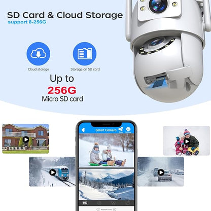 JOOAN Outdoor Security Camera HD 2K*2 Dual Lens Dual WiFi 5Ghz 2.4Ghz Wired,PTZ Rotate 2 Way Audio Sound Light Alarm,Auto Tracking,Share Cloud/Card Storage Color Night