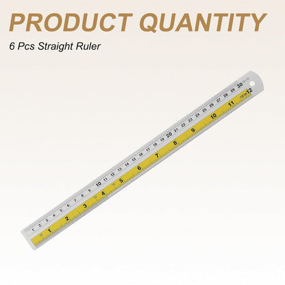 HARFINGTON 6pcs Metal Straight Ruler 30cm Metric SAE Aluminum Alloy Measuring Rulers Scale Tool with Hole for Measure Study Reading Classroom Office, Yellow