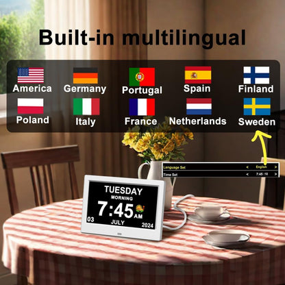 Alarm Clock with Day and Date for Elderly Digital Calendar Clock Photo Frame- Auto Dimmable Display 15 Alarm Options (7inch White)