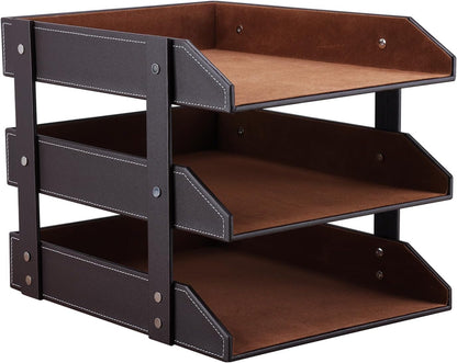 KINGFOM Letter Tray, Leather Paper Organizer Tray, Wooden Desk File Holder, Desktop File, Stackable Magazine Holder, Mail Sorter, Great for Home or Office - 3 Level Brown
