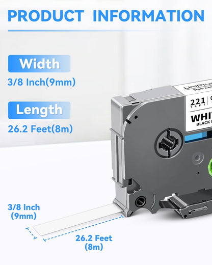 Compatible for Brother Tze-221 Tze-121 Tze-421 Tze-521 Tze-621 Tze-721 Tz Tape 9mm 0.35" Laminated Tape Label Maker Tape for P Touch PTD200 PTD210 PTH110 PTD220 PTD600 PTD400AD, 6-Pack