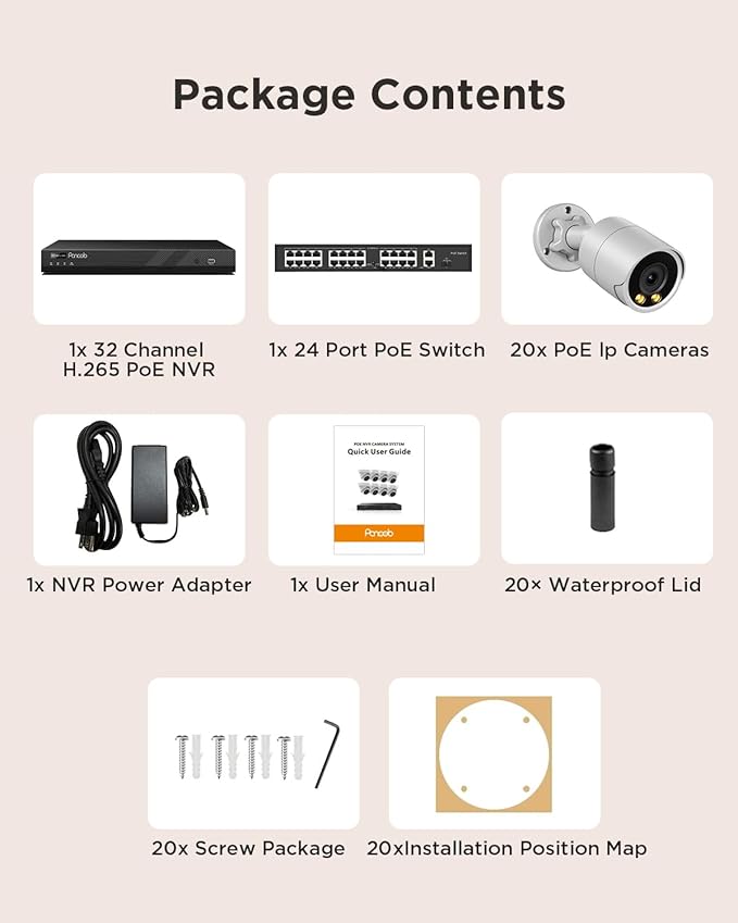 4K 32 Channel Security Camera System for Commercial, 20X 8MP Wired Outdoor IP PoE Cameras,Human Vehicle Detection, Smart Color Night Vision,Built-in microphone, 4K 32CH NVR 8TB HDD,PB38F2032-8M