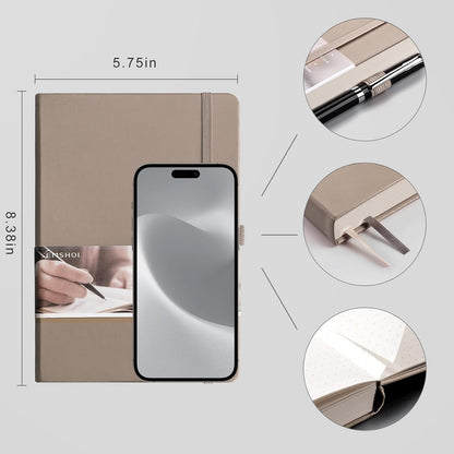 EMSHOI Dotted Notebook - 256 Pages A5 Dot Grid Journal Bullet Notebook with 120gsm Thick Dotted Paper,16 Perforated Pages, Hardcover Leather, Pen Holder, Inner Pocket, 5.75'' × 8.38''-Khaki