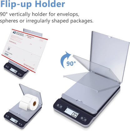 QP Shipping Scale, 86lb/0.1oz High Accuracy Digital Postal Scale for Packages, Hold/Tare Function, Backlit LCD Display, Flip-up Holder, Postage Scale, Mail Scale, Battery & Tape Measure Included