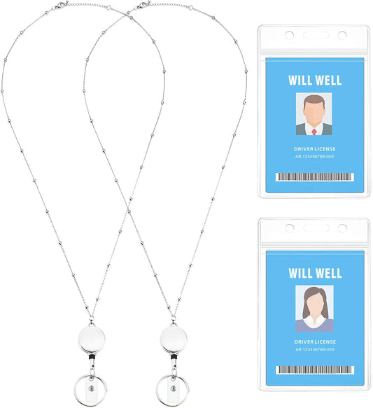 Will Well Retractable Beaded Badge Reel Lanyard with Keyring for Women - Vertical Plastic 3.58" x 2.52" Sleeves Fit Up to 3 Cards - Stainless Steel Necklace with Pull Cord - 2-Pack, Clear Case