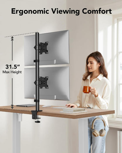 HUANUO Vertical Dual Monitor Mount, Stacked Monitor Stand for 2 Monitors with Height Adjustment Computer Monitor Arm Supports Two 17 to 32 Inch with C Clamp Each Desk Mount Hold up to 17.6lbs