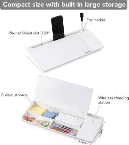 Varhomax Glass Desk Whiteboard with Wireless Charger, Desktop Dry Erase White Board with Storage, to Do List Memo Notepad for Home and Office