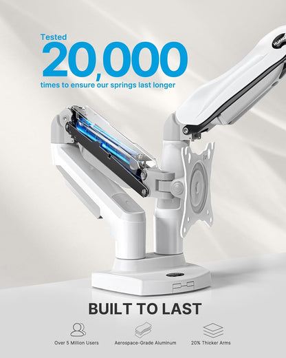 HUANUO Dual Monitor Stand - Full Adjustable Monitor Desk Mount Swivel Vesa Bracket with C Clamp, Grommet Mounting Base for 13 to 32 Inch Computer Screens - Each Arm Holds 4.4 to 19.8lbs - White