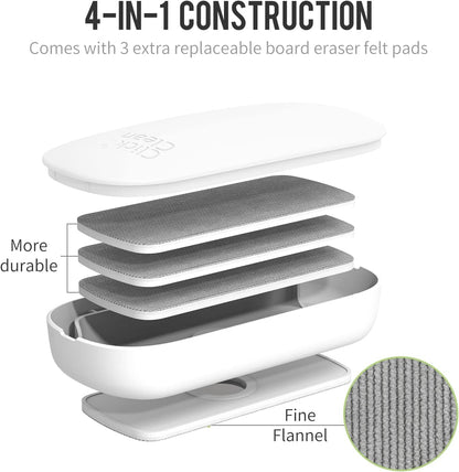 CLICK CLEAN Replaceable Dry Erase Board Eraser, 4-in-1 Magnetic Whiteboard Eraser with 3 Replaceable Felt Pads, Free 3.4oz Whiteboard Cleaner Included, Intended for Classroom, Home and Office