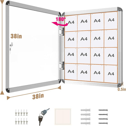 38"x38" Enclosed Bulletin Board, Lockable Weather-Resistant Aluminum Cork Noticeboard for School & Office, Silver Frame w/Cork