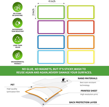 Reusable Dry Erase Labels Sticky Notes for Storage Bins Organizing Jar Pantry, Waterproof Removable Label Stickers for Kitchen Office School All Purpose Use (2 * 4 inches 8 Colors)