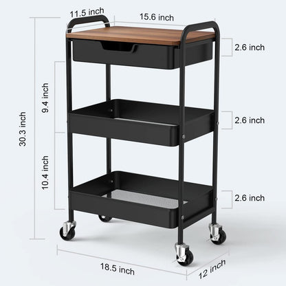 3 Tier Rolling Cart with Drawer, Metal Utility Cart on Wheels Storage Cart with Wood Top, Kitchen Cart Art Cart Organizer for Bathroom Office Balcony Living Room