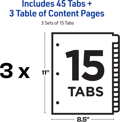 Avery Dividers for 3 Ring Binders, 15 Tabs per Set, Customizable Table of Contents, Multicolor Tabs, Great for Organizing Reports, Projects, and More (3 Sets of 11074)