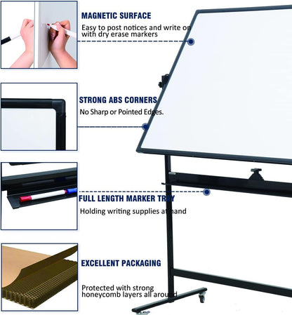72" x 40" Height-Adjustable Mobile Whiteboard | Double-Sided Magnetic Dry Erase Board on 360° Rolling Stand | Large Reversible Black Whiteboard for Office, Classroom & Home
