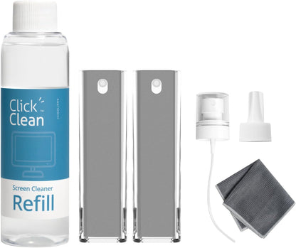 Click Clean Screen Cleaner Kits - 2 All-in-One Mist Cleaner with 4 oz Refill, 1 Microfiber Cloth(7.8 x 7.8in), 1 Mini Funnel, and 1 Sprayer - for All Phones, Laptop and Tablet Screens