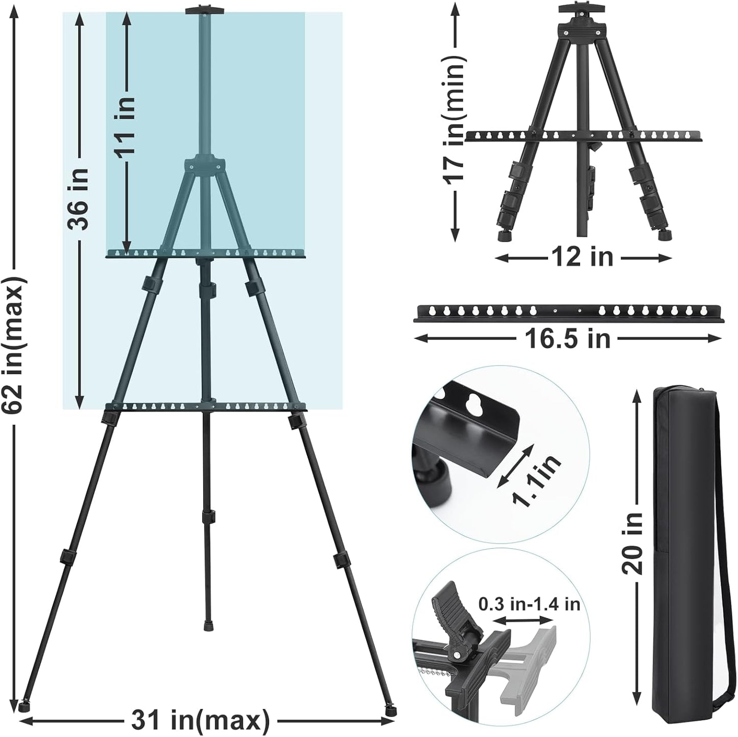 2PCS Art Painting Easel Stand, Adjustable Metal Large Easel for Painting, Canvas Heights from 17 to 66 Inch, Standing Easel for Painting, Wedding Sign, Tabletop or Floor, Black