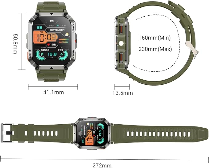 Military Smart Watches for Men，Smart Watch for Android iPhone with Large 2.01"Fitness HD Display/Flashlight/100-Day Battery/Compass/Heart Rate/120+ Sports Modes/IP68 Waterproof Smartwatch （2 Straps)