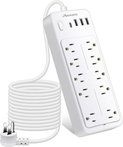 15 FT Power Strips with Surge Protection 1625W/13A,10 Outlets with 4 USB Ports (1 USB C) Long Extension Cord with Multiple Outlets 16Awag 1700J Flat Plug Power Strip Protector White,ETL Listed
