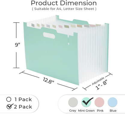 Y YOMA 2 Pack Accordion File Organizer with Handle 12 Pockets Expanding File Folder with Removable Tabs for A4 Letter Size Paper Portable Plastic Filing Organizer Bill Receipt Holder, Mint Green