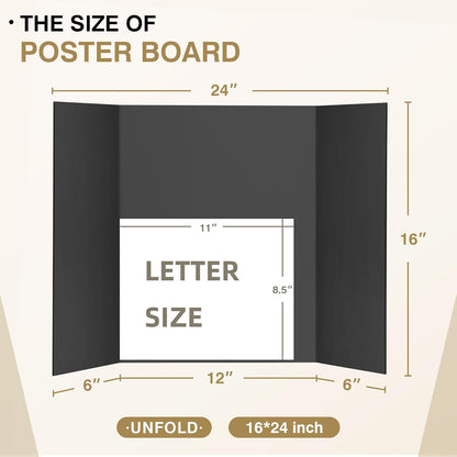 Chell Mini Size Trifold Poster Board, 16" x 24", Small Corrugated Project Boards, Black, 2 Pack