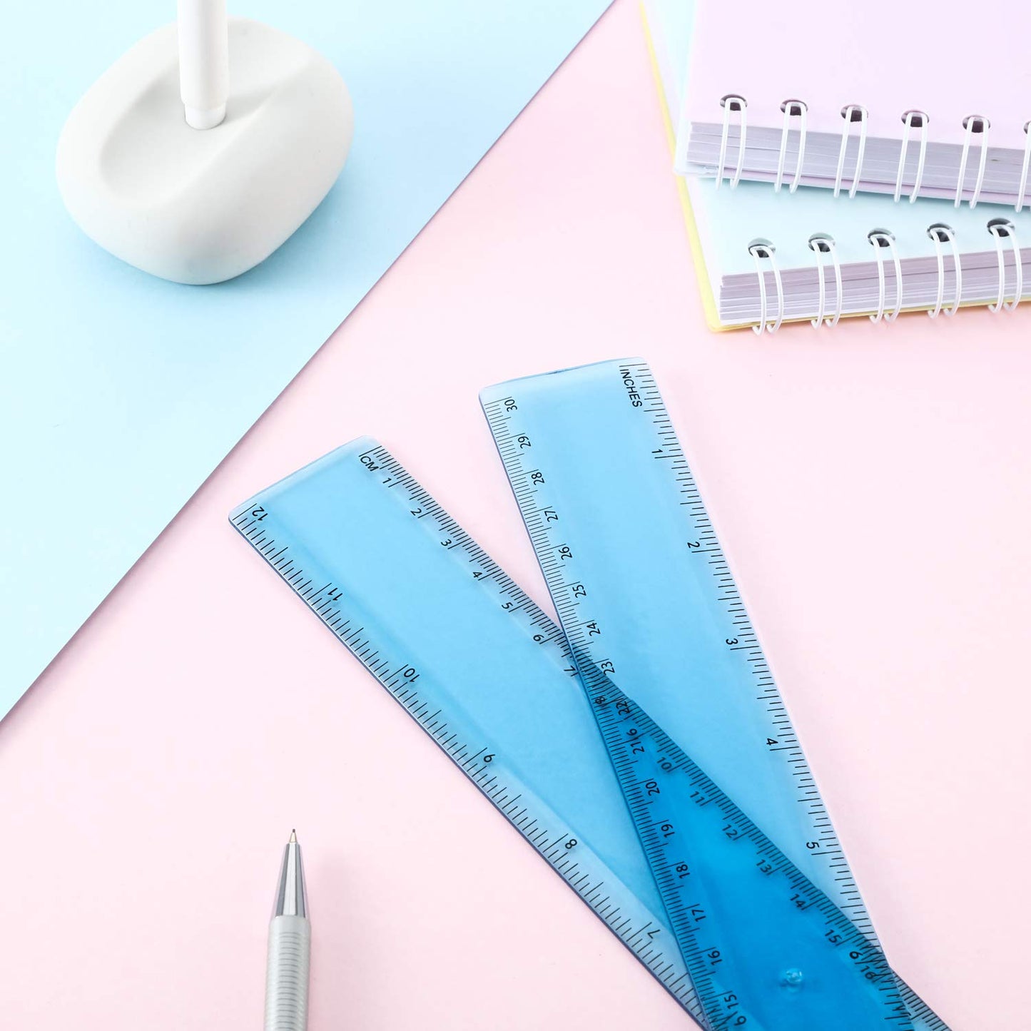 2 Pack Plastic Ruler Straight Ruler Plastic Measuring Tool for Student School Office (Blue, 12 Inch)