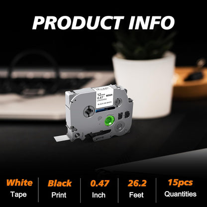 UNOKA 12mm .47 Laminated White Tz Tape Compatible for Brother P Touch PT-D220 PT-D210, TZe TZe-231 Label Maker Refills for PTH110 D202 D200 D410 1070 1280 1880,1/2'' x 26.2', Black on White, 15PK