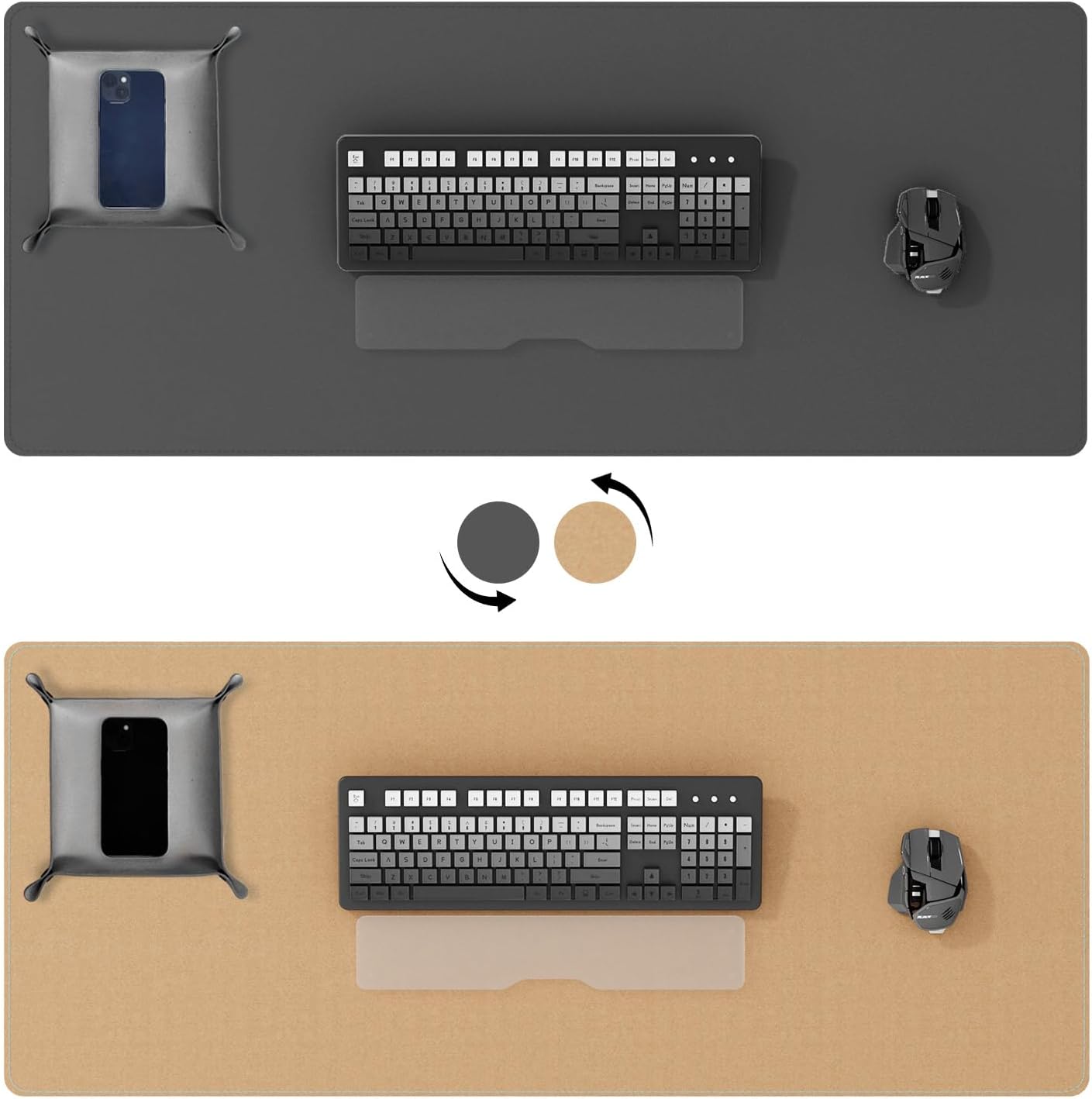 DAWNTREES Dual Sided Desk Mat,Leather Desk Pad,Cork Desk Mat Protector,with PU Leather Valet Tray Organizer,Large Mouse Pad,Desk Writing Pad for Office and Home(Dark Gray 31.5"x15.8")