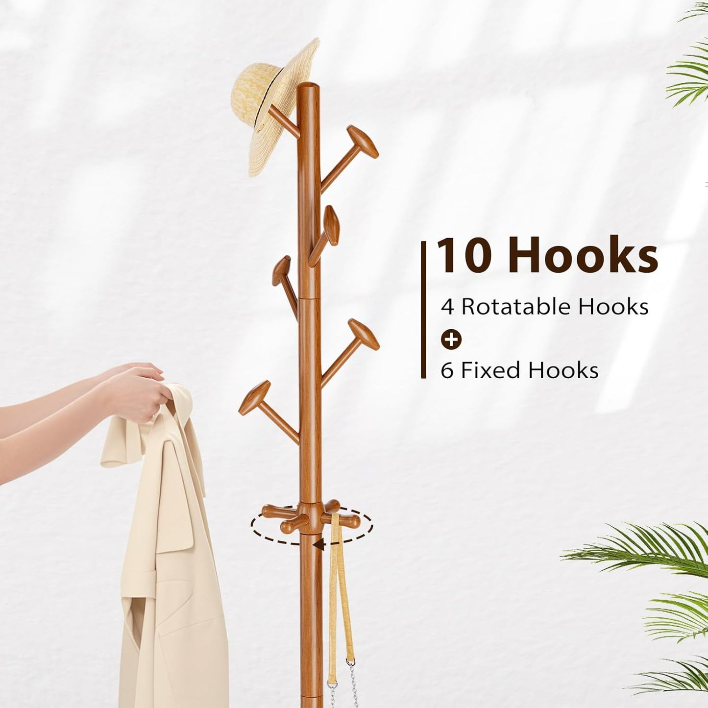 Solid Wood Coat Rack Freestanding Coat Tree with 10 Hooks for Bedroom, Livingroom, Entryway, Sturdy Coat Hanger Stand for Hats, Coats, Scarves, Handbags, Purses