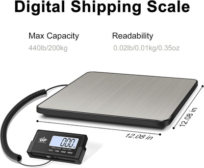 QP Shipping Scale, 440 lb/0.35 oz High Accuracy Digital Postal Scale, Postage Scale, Hold/Tare Function, Auto Off LCD Display, Lightweight Scale for Packages/Luggage/Pet, Battery & AC Adapter Included