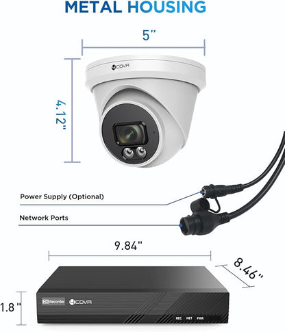 4COVR 4K PoE Security Camera System, Human Vehicle Detection, 4Pcs 8MP 2.8mm 110° Wide Angle Dome IP Camera with Mic, 8CH 8MP H.265 NVR with 2TB HDD, IP67 Home Weatherproof Outdoor, LY97SA8M0804