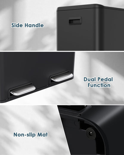 Arlopu 16Gal Dual Trash Can w/2 Built-in Box for Odor Control, Hands-Free Kitchen Garbage Bin, Recycle Waste Dustbin, Soft-Close Lid, 2 Buckets,Foot Pedal, Side Handle, Airtight,for Home Office