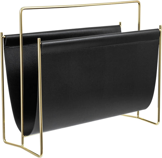 MyGift 15-Inch Modern Black Leatherette & Brass Plated Metal Magazine Holder – Floor Standing Faux Leather Sling Style Newspaper Rack for Home, Bathroom, Office Decor