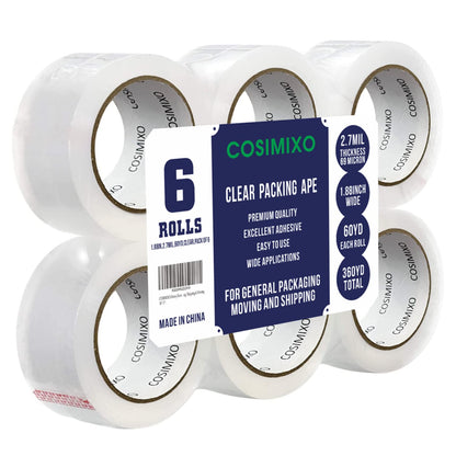 COSIMIXO Heavy Duty Packing Tape 2.7mil x 1.88" x 60 Yards, 6 Rolls,Industrial 3" Core, Clear, Great for Packing, Shipping & Moving