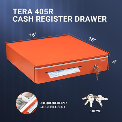 Tera 16 inch Cash Drawer: with Micro Switch Auto Open Heavy Duty Insert Tray 5 Bill 8 Coin for POS System Removable Cash Tray Media Slot 24V RJ12 Key-Lock (Round Corner) for Retail 405R Orange