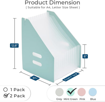 Y YOMA 2 Pack Expanding Magazine Holder with 13 Pockets | Portable Desktop Plastic Self Standing Accordion File Organizer for A4 Letter Size Document Storage Home Office School, Mint Green
