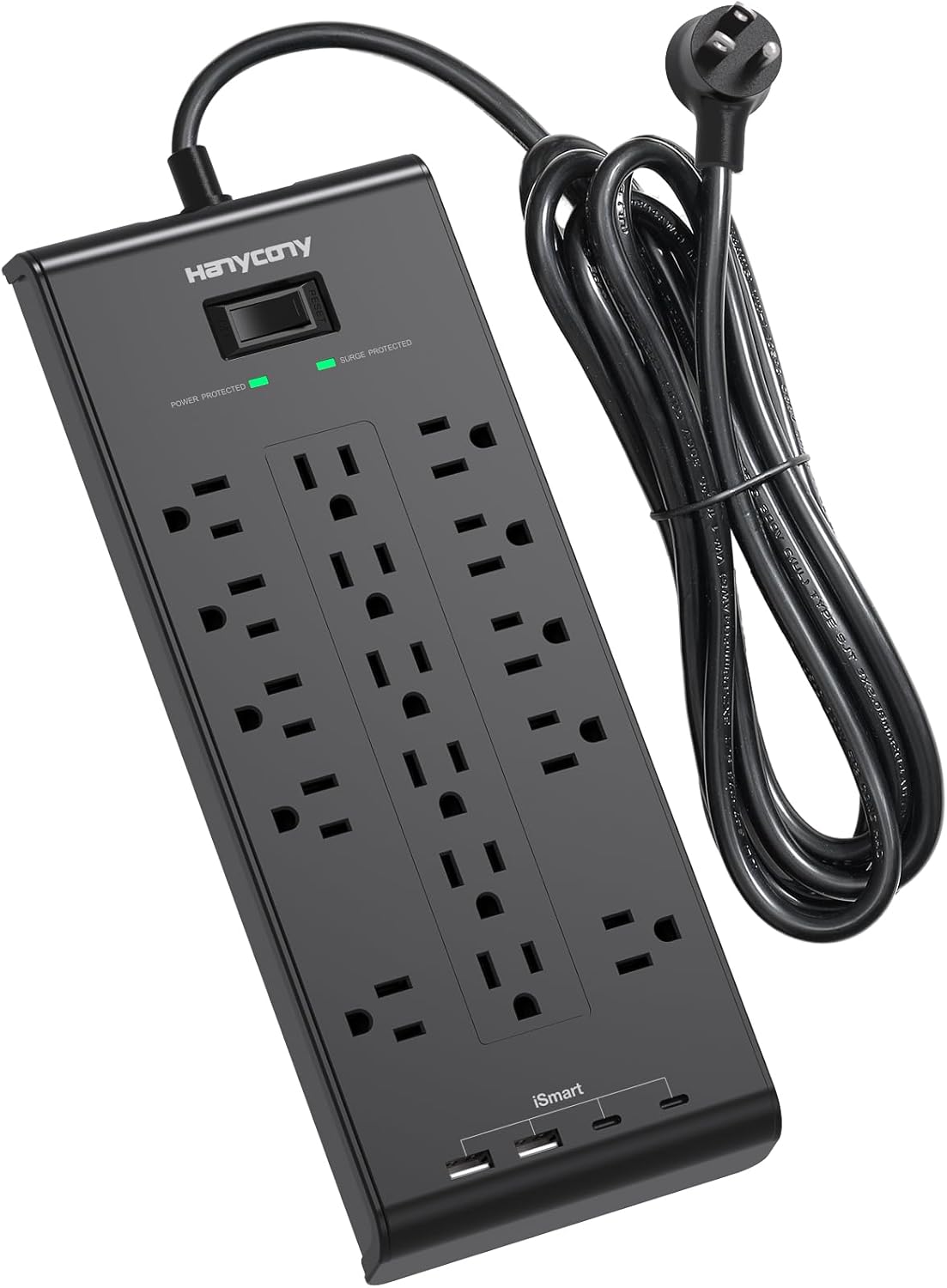 Power Strip 10 Ft, HANYCONY Surge Protector with 16 Outlets 4 USB Ports(2 USB C), Flat Plug Heavy Duty Extension Cord, 2700 Joules, Wall Mount for Home Office, ETL Listed, Black